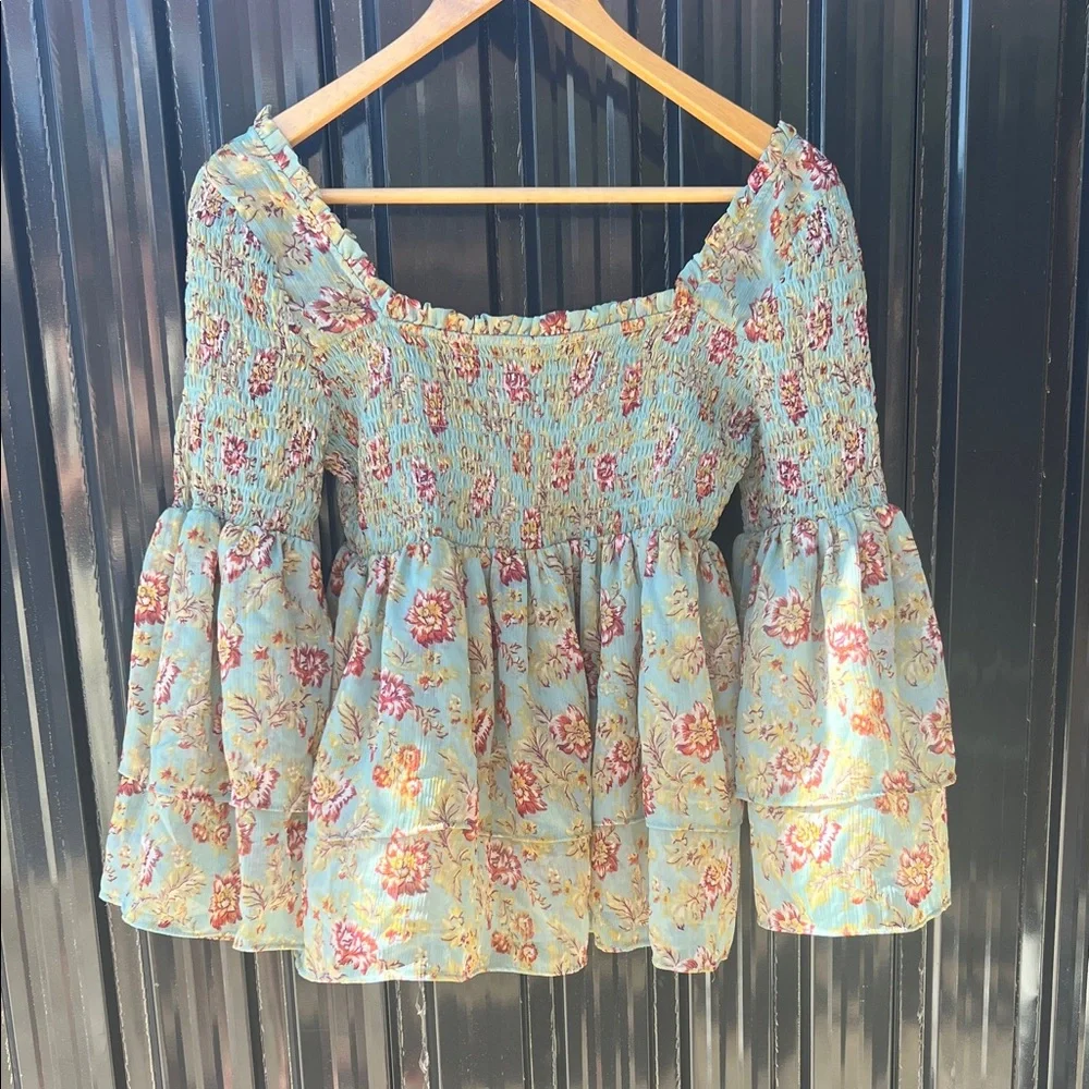 Free People Floral Smocked Blouse Blue Green Pink Red Flowers Flowy Fairy Boho - Picture 7 of 8